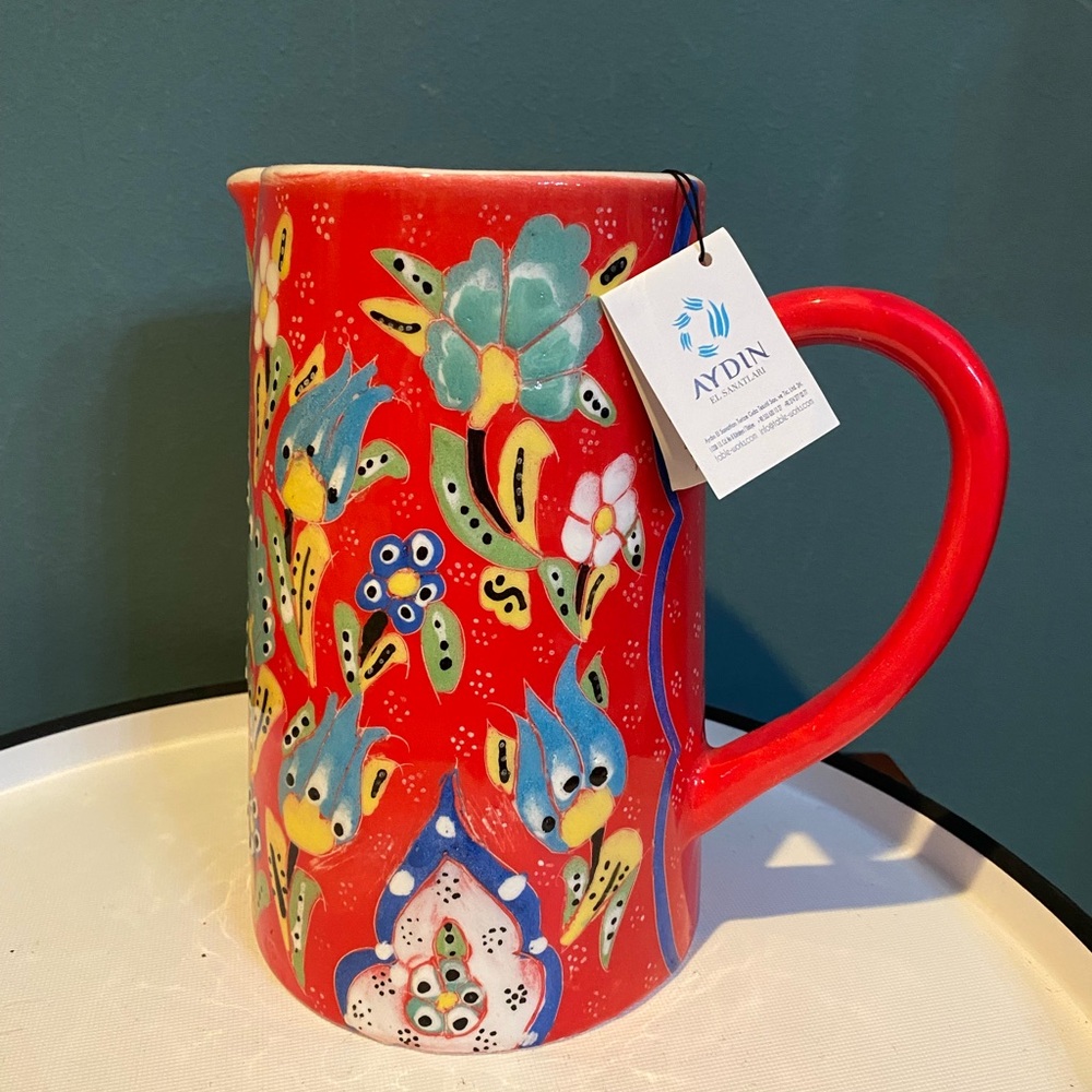 NWT Aydin El Sanatları Turkish Hand Painted Ceramic Pitcher In Red, 8” Tall